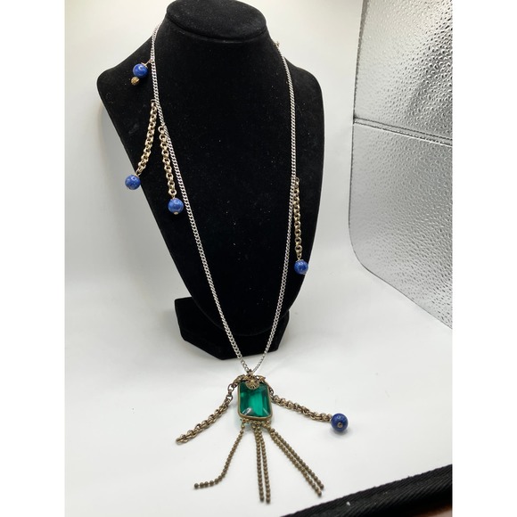 Hearts Charms Green Rectangle Glass Pendant Blue Sodalite Beads Chain Necklace! - Picture 3 of 8